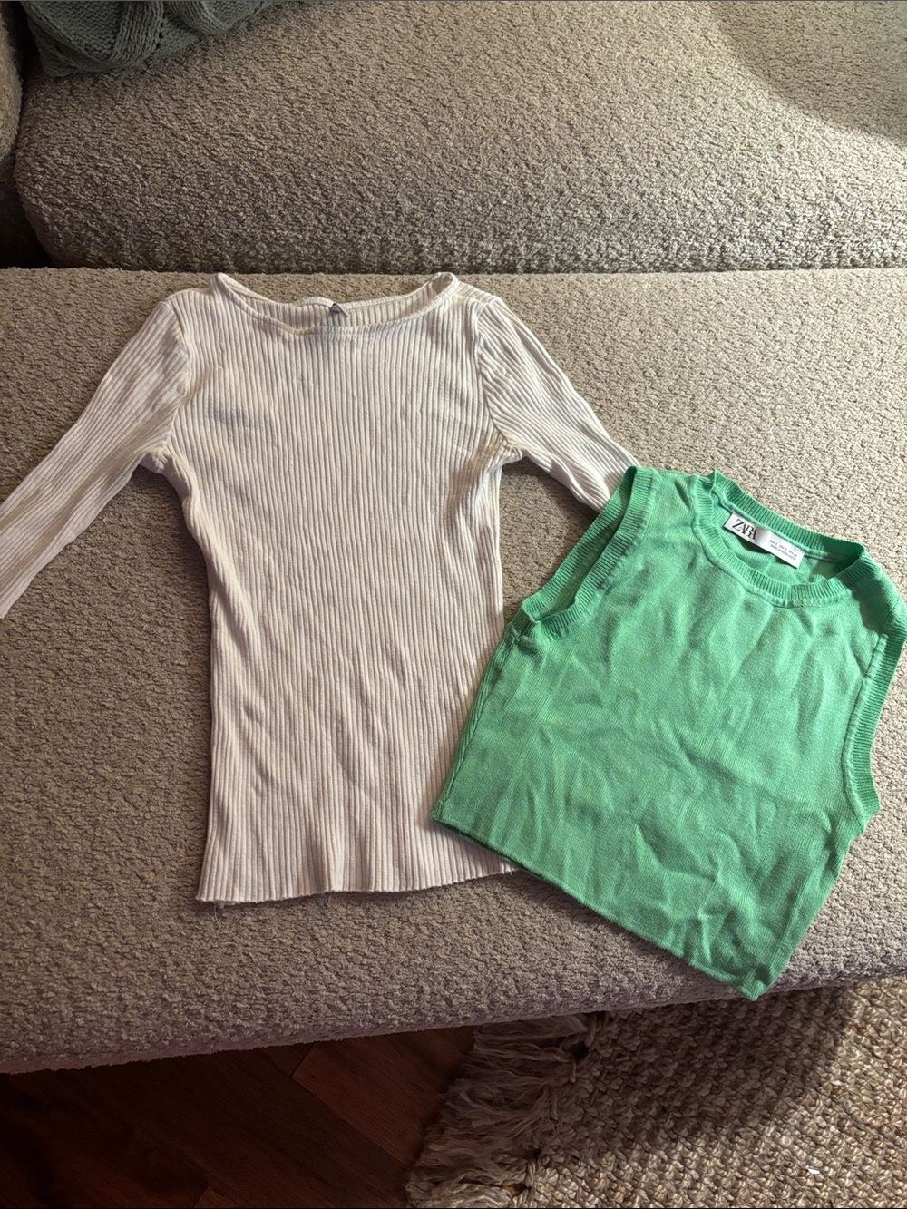 Comune and Zara white and mint Green Knit Tank with Cream Ribbed Long Sleeve Tee